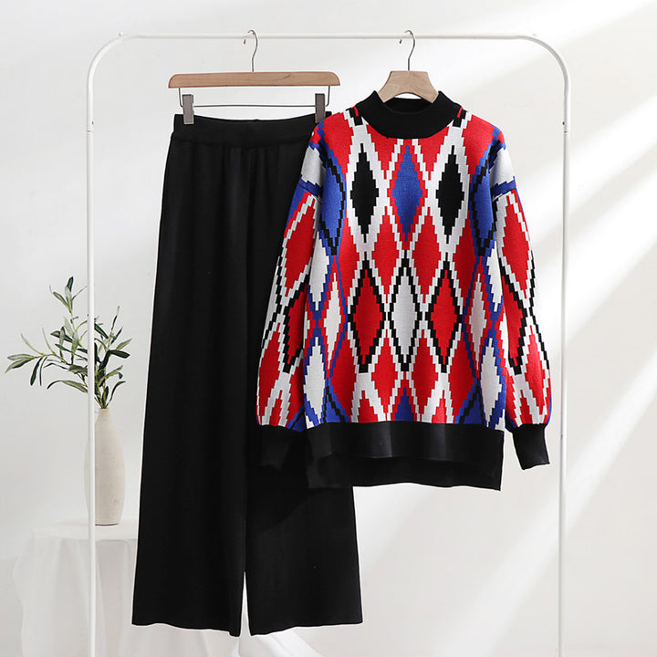 Damen modisches Strick-Loungewear-Set mit geometrischem Muster und weitem Schnitt Drune