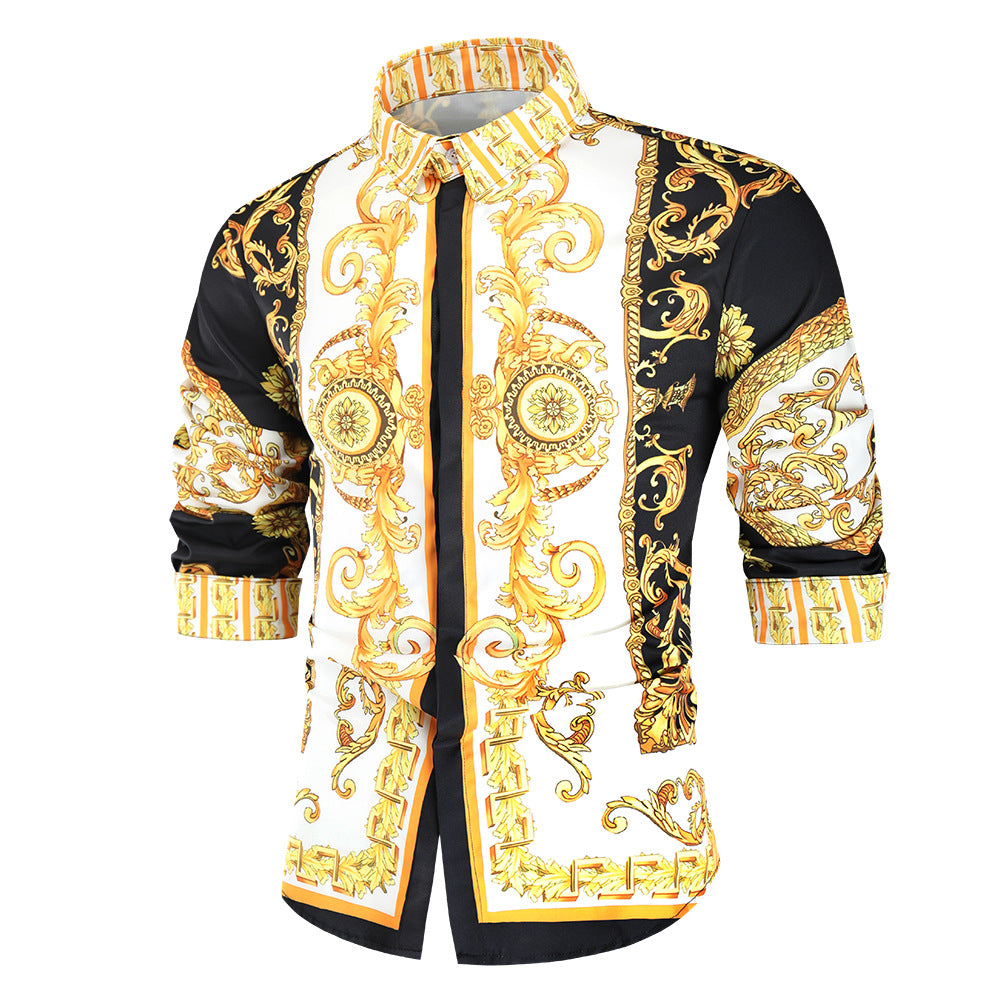 Herren nan barockes Langarm-Hemd mit ornamentalem Druck, Kentkragen und tailliertem Schnitt Drune