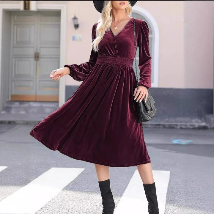 Damen Midikleid aus Samt mit V-Ausschnitt, geraffter Smock-Taille und langen Ballonärmeln Drune