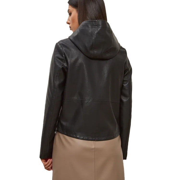 Damen modische Kunstlederjacke mit Kapuze und Reißverschlusstaschen Drune