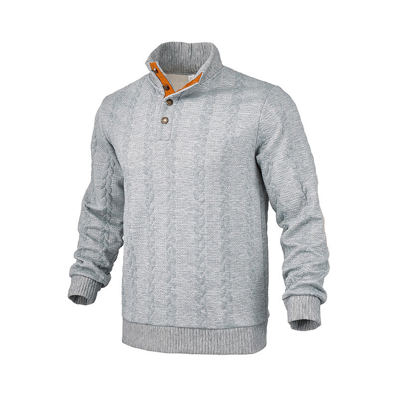 Herren Kabelstrick-Pullover mit Stehkragen, Knopfleiste & Ellbogenpatches Drune