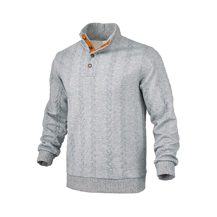 Herren Kabelstrick-Pullover mit Stehkragen, Knopfleiste & Ellbogenpatches Drune