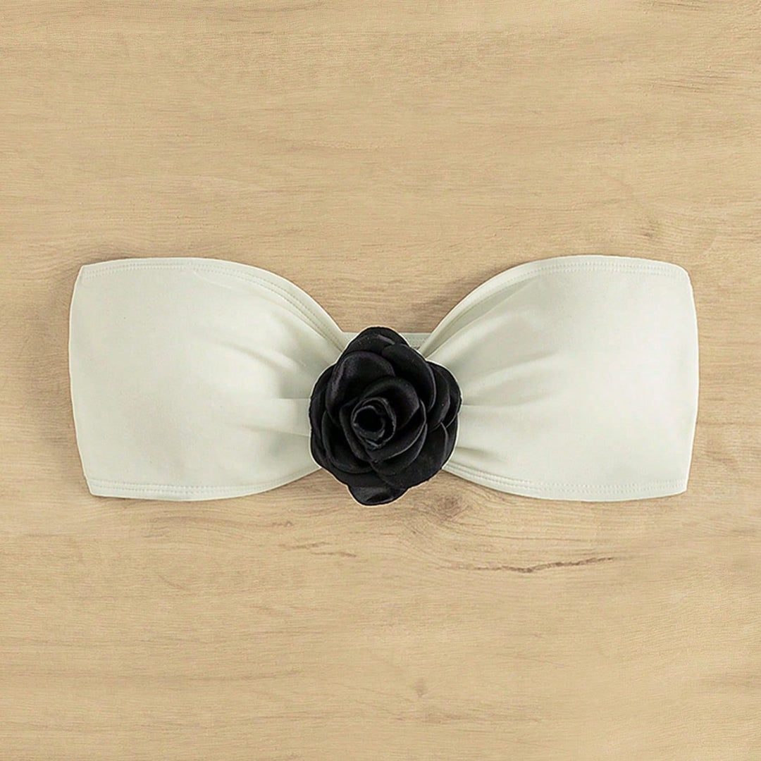 Damen Bandeau-Bikinioberteil mit dekorativer Blumenapplikation Drune