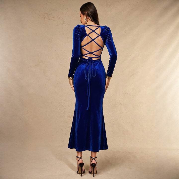 Damen eng anliegendes Samt-Maxiabendkleid mit quadratischem Ausschnitt und Meerjungfrauen-Silhouette Drune