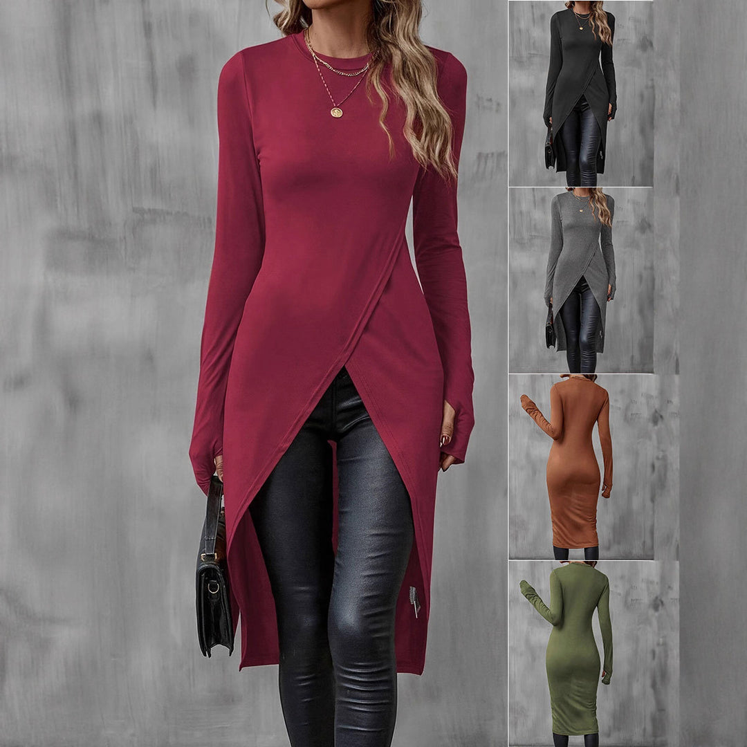 Damen asymmetrisches Longshirt mit eleganter Wickeloptik Drune
