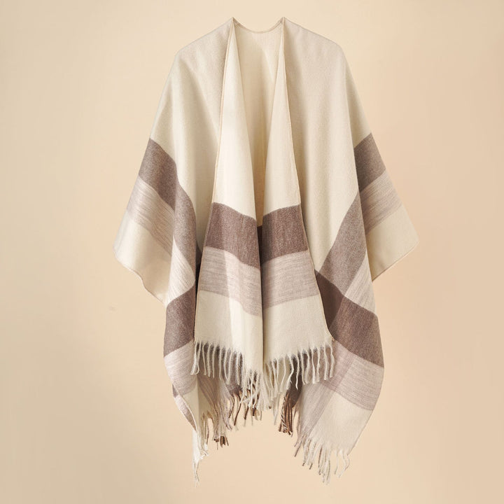 Damen Wollmix-Poncho mit Karomuster und Fransen Drune