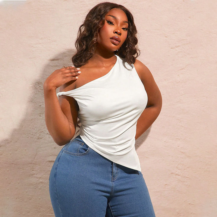 Damen asymmetrisches Oberteil mit schulterfreiem Design und Raffung Drune