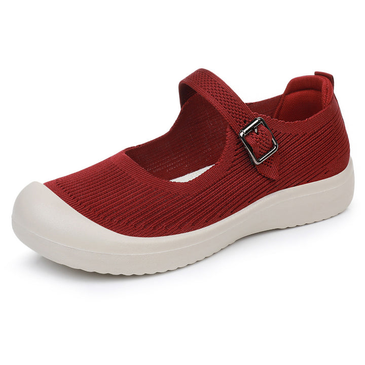 Damen nan gestrickter Mary-Jane Komfortschuh mit verstellbarem Riemen, atmungsaktivem Strickobermaterial und stoßdämpfender Leichtlaufsohle Drune