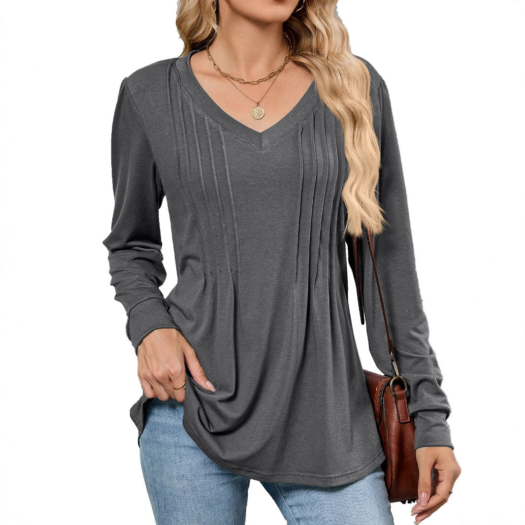 Damen Viskose Blusenshirt mit eleganten Falten und V-Ausschnitt Drune
