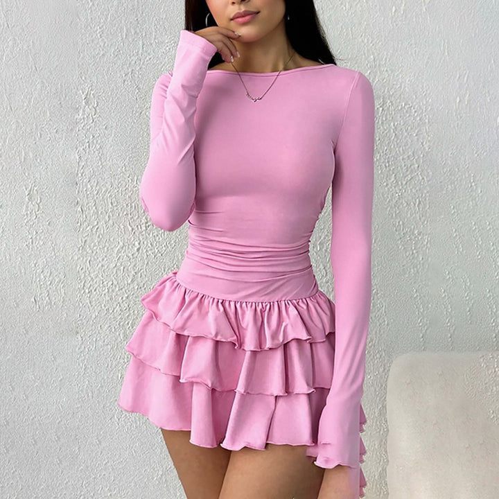 Damen Mini-Kleid mit voluminösem Rüschensaum und langem Arm Drune