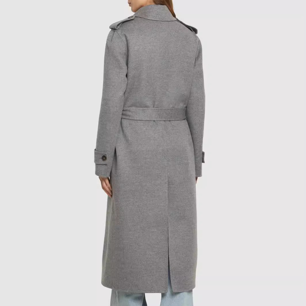 Damen Midilanger Taillierter Doppelreiher‑Trenchcoat aus Wollmix mit ausgestelltem Saum Drune
