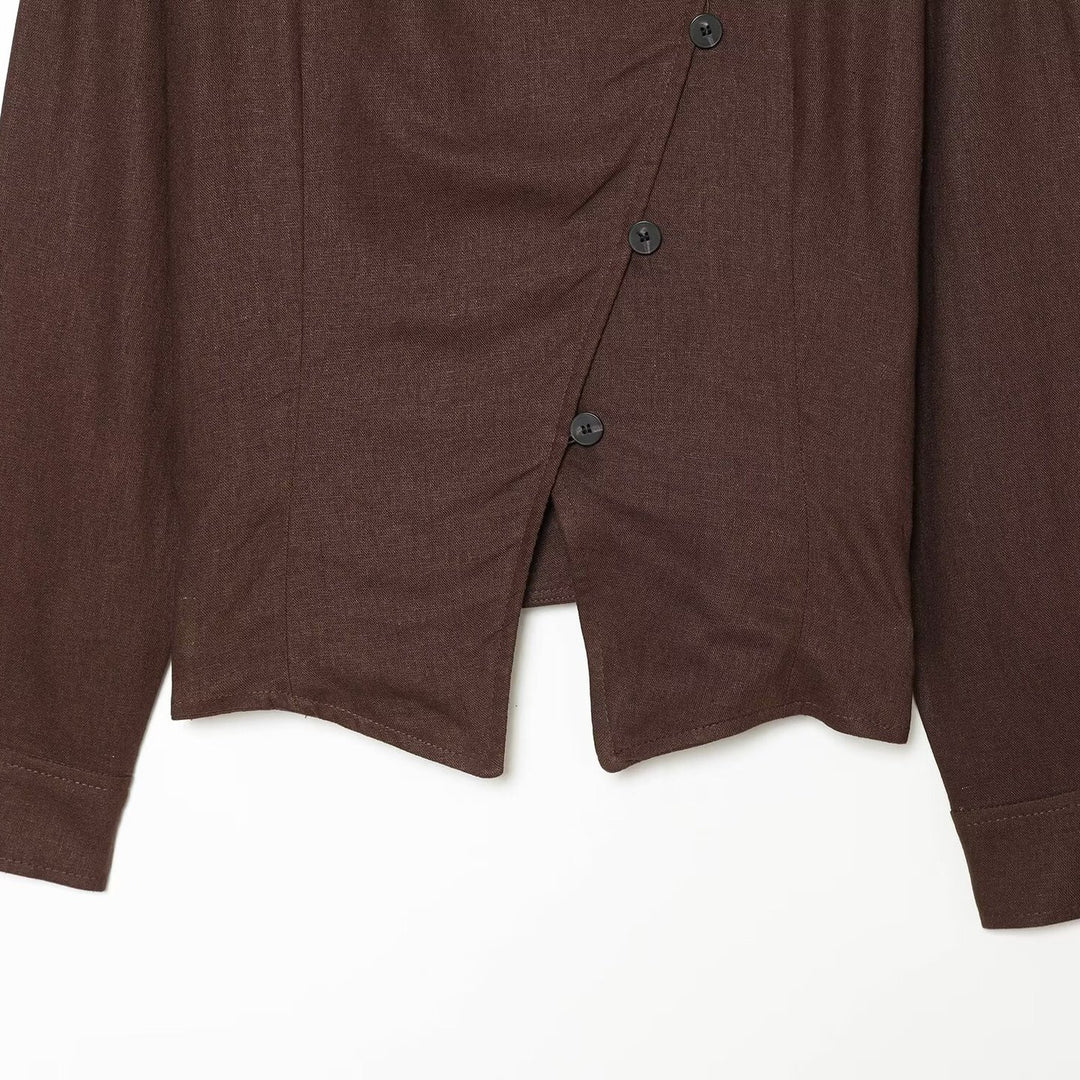 Damen Asymmetrische Leinenbluse mit diagonalem Knopfverschluss Drune