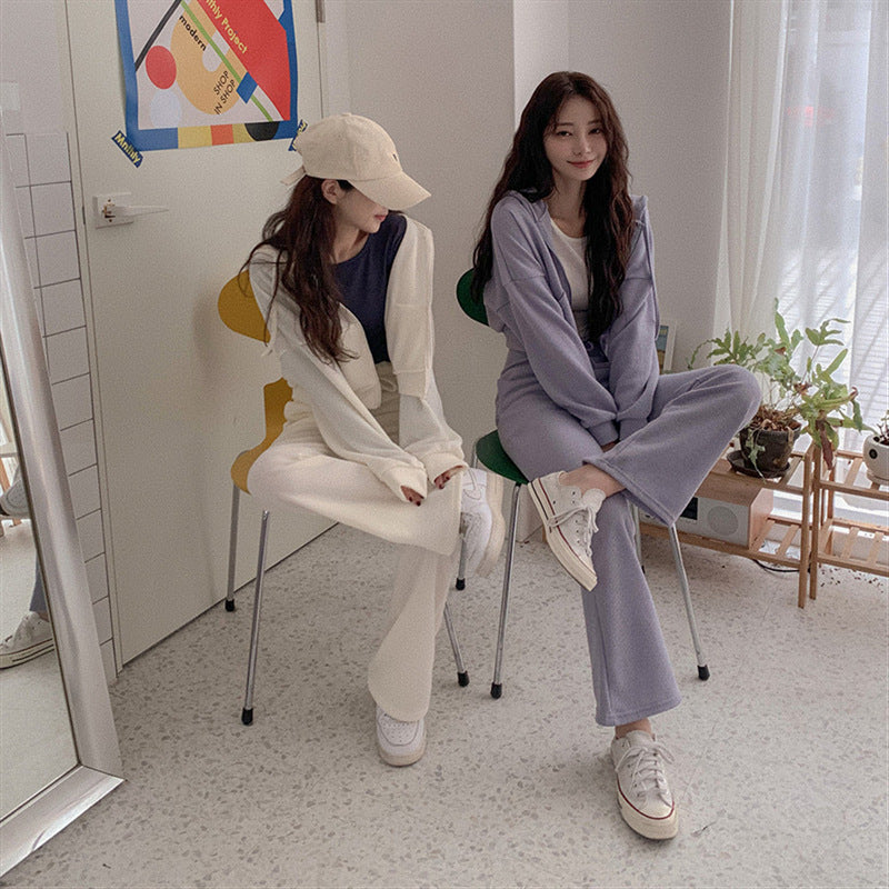Damen lässiges Loungewear-Set mit Cropped-Hoodie und weitem Bein Drune