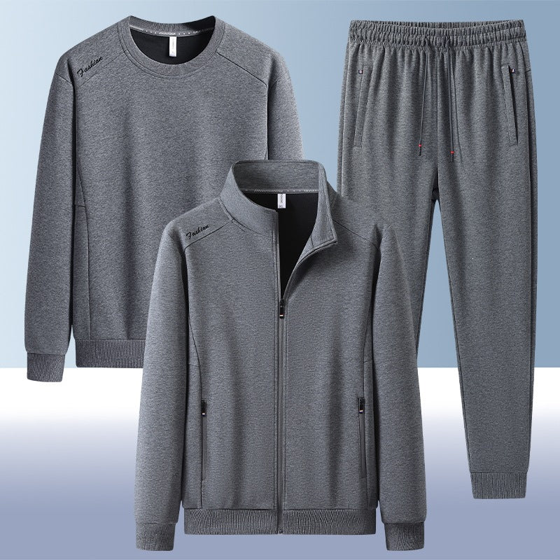 [Herren] Zweiteiliges Trainingsset mit Stehkragen-Zipjacke, Rundhals‑Sweatshirt und konisch geschnittener Jogginghose aus atmungsaktivem Fleece Drune