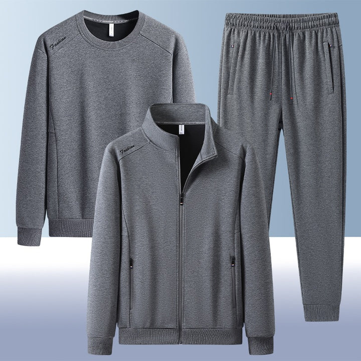 [Herren] Zweiteiliges Trainingsset mit Stehkragen-Zipjacke, Rundhals‑Sweatshirt und konisch geschnittener Jogginghose aus atmungsaktivem Fleece Drune