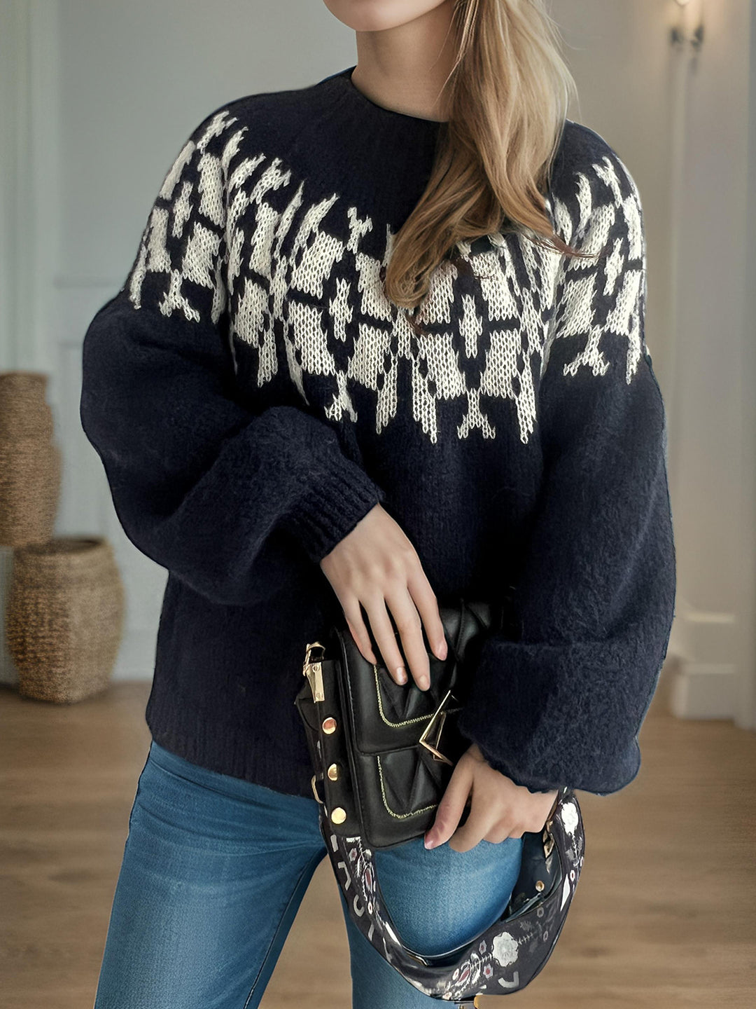 Damen Strickpullover mit voluminösen Ärmeln und modernem Muster Drune