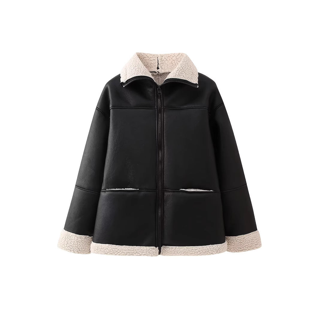 Damen angesagte Kunstlederjacke mit kuscheligem Innenfutter Drune
