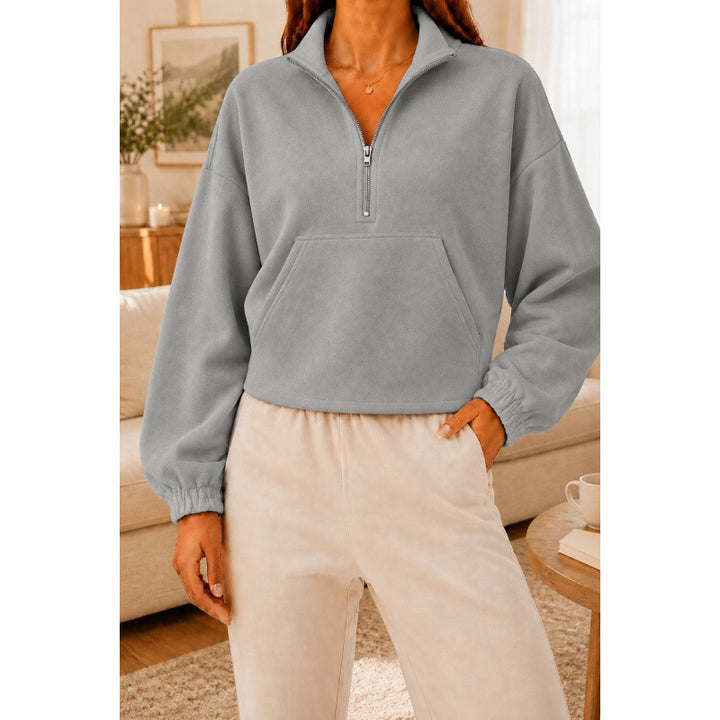 Damen Kurz geschnittener Sweatshirt-Pullover mit halbem Reißverschluss und Kängurutasche Drune