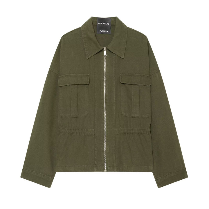 Damen Kurzgeschnittene Utility-Blousonjacke mit Stehkragen Pattentaschen und durchgehendem Reißverschluss Drune