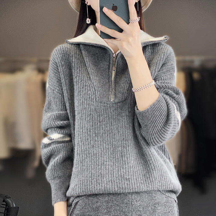 Damen Rippenstrick-Pullover mit halbem Reißverschluss, hohem Stehkragen und lässiger Passform Drune