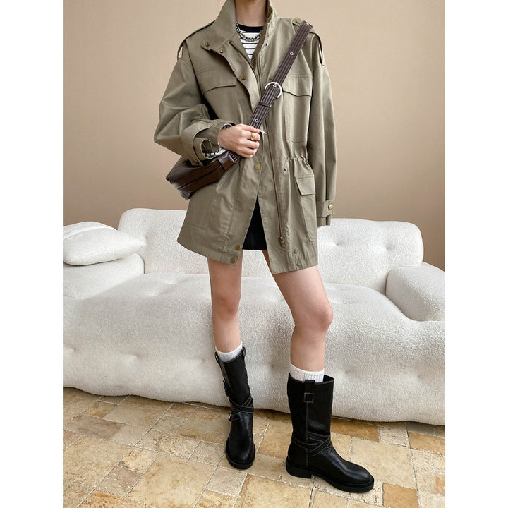 Damen lässige Übergangsjacke mit praktischen Taschen und verstellbarem Hüftzug Drune