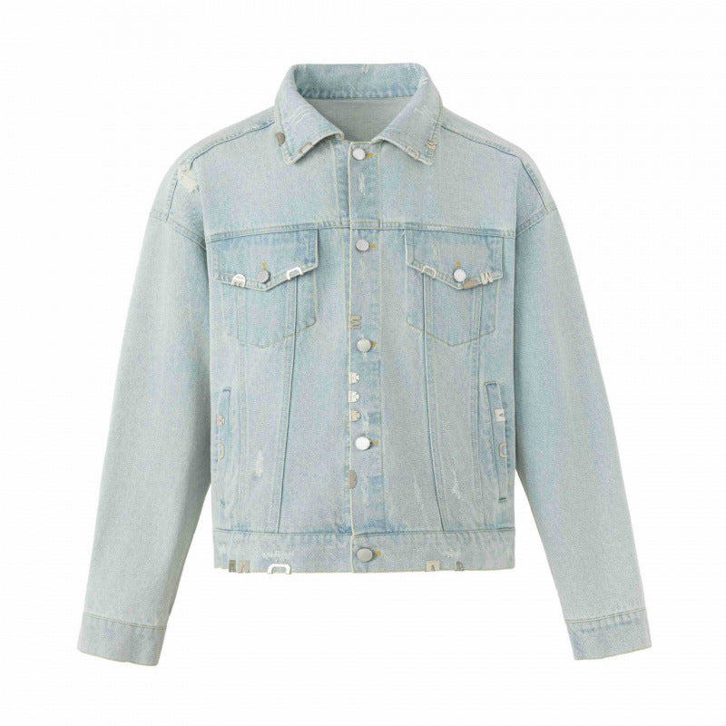 Unisex Boxige Jeansjacke im Worker‑Look mit Metallapplikationen und Pattentaschen Drune