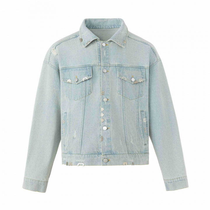 Unisex Boxige Jeansjacke im Worker‑Look mit Metallapplikationen und Pattentaschen Drune