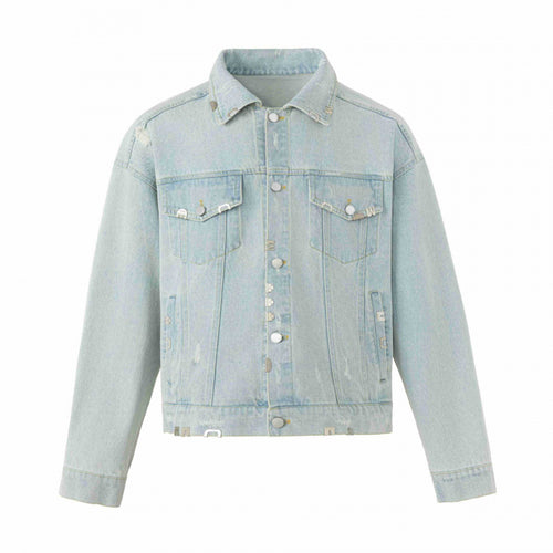Unisex Boxige Jeansjacke im Worker‑Look mit Metallapplikationen und Pattentaschen Drune