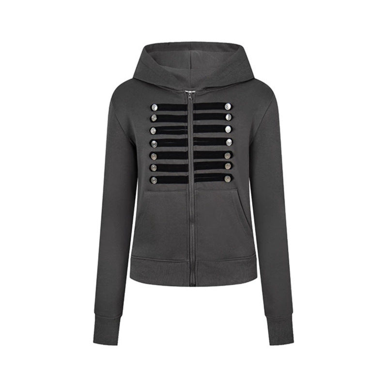 Damen Kapuzen-Sweatjacke mit dekorativer Militär‑Bortenleiste und Zierknöpfen Drune