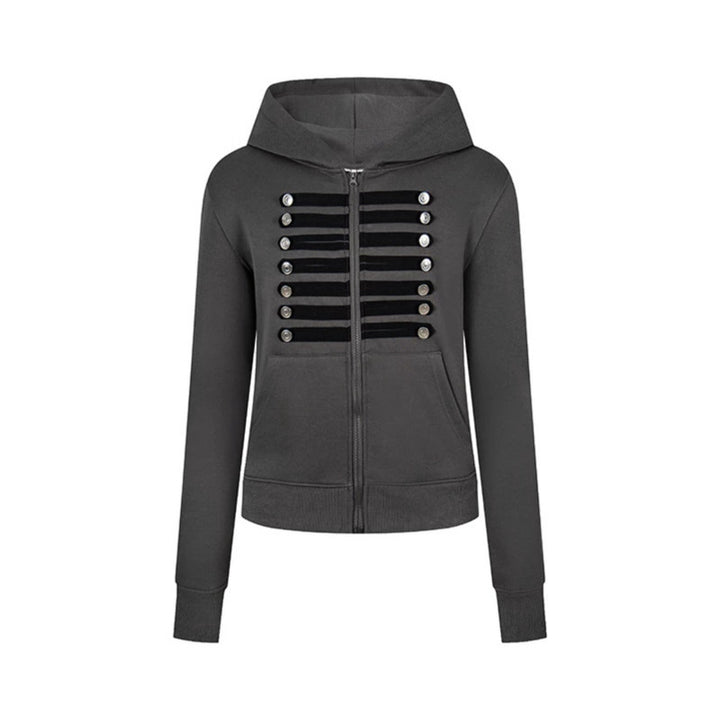 Damen Kapuzen-Sweatjacke mit dekorativer Militär‑Bortenleiste und Zierknöpfen Drune