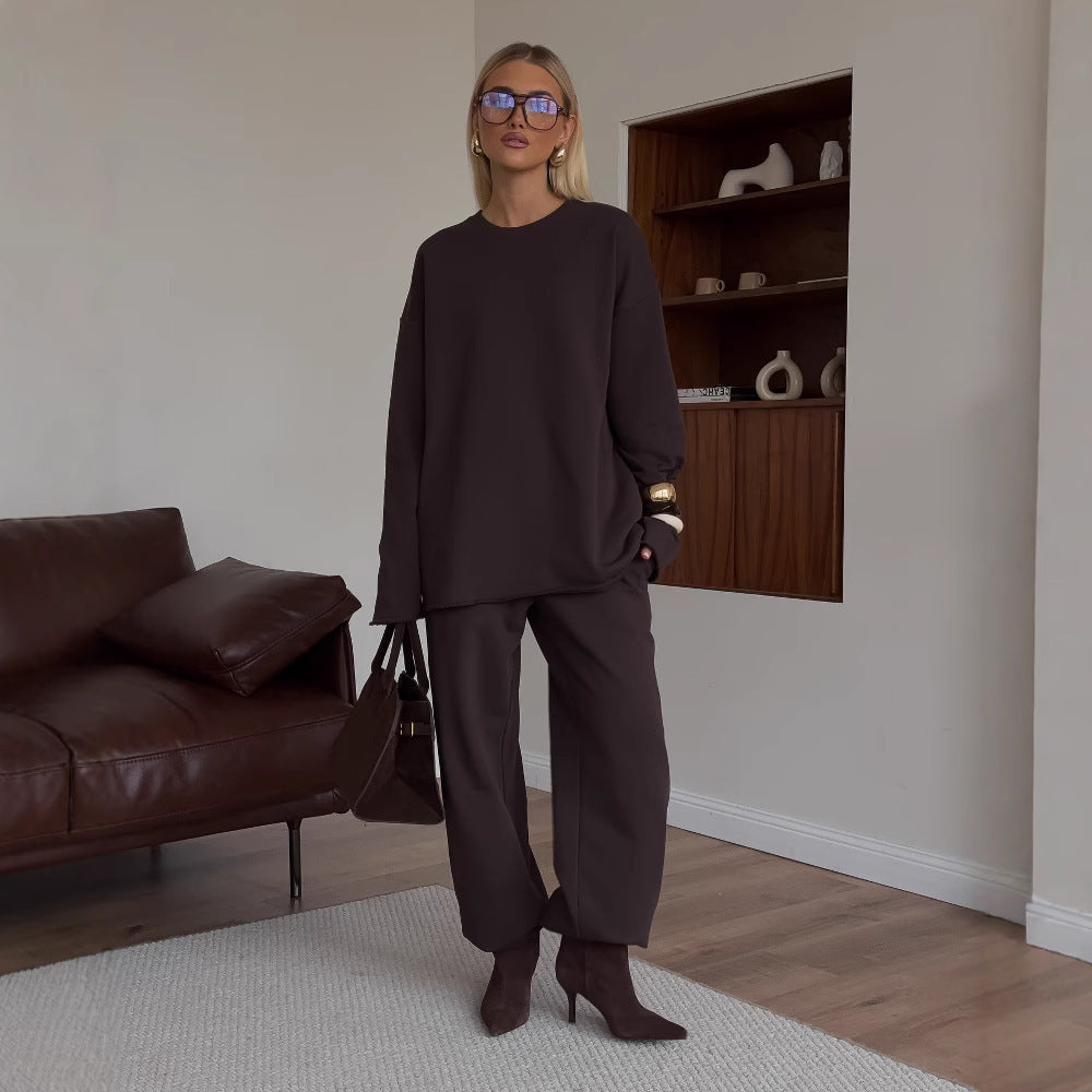 Damen kastiges Sweatstoff-Set mit weichem Rundhalsausschnitt und weiter Kordelbundhose Drune