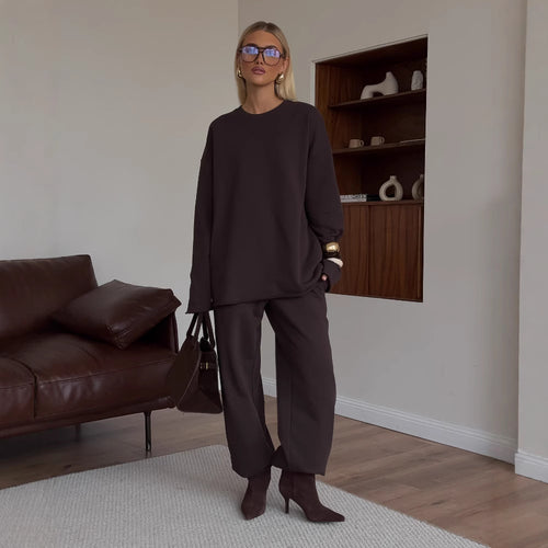 Damen kastiges Sweatstoff-Set mit weichem Rundhalsausschnitt und weiter Kordelbundhose Drune