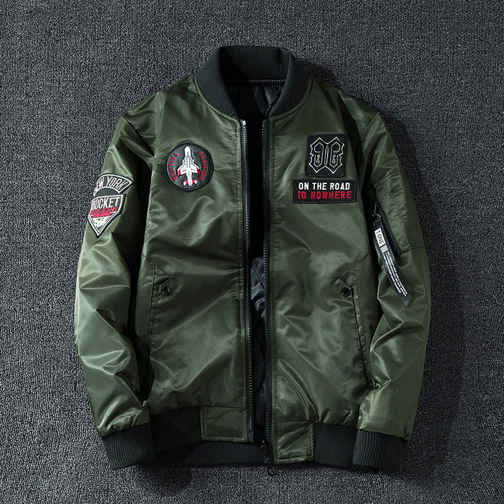 Männermode  bestickte Patch Satin-Optik Bomberjacke mit gerippten Besätzen und Utility-Ärmel-Tag Drune