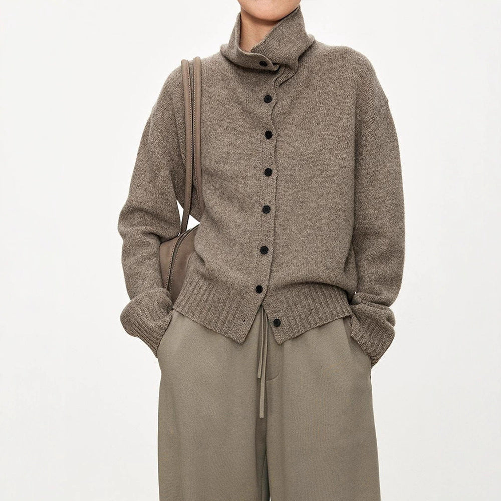 Damen modischer Strickcardigan mit hohem Kragen und Knopfleiste Drune