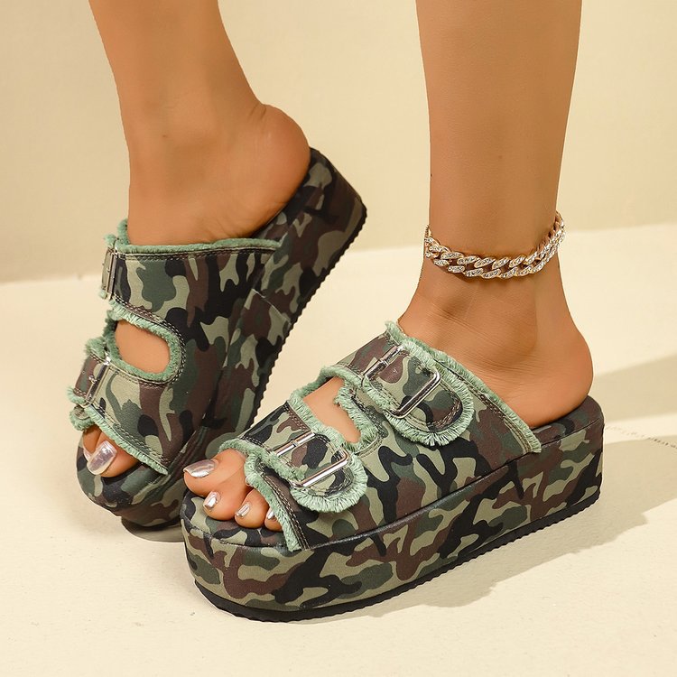 Damen bequeme Plattformsandalen aus Denim mit doppeltem Riemen Drune