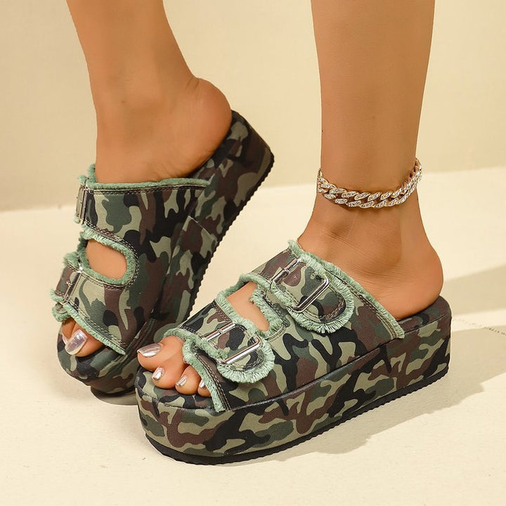 Damen bequeme Plattformsandalen aus Denim mit doppeltem Riemen Drune