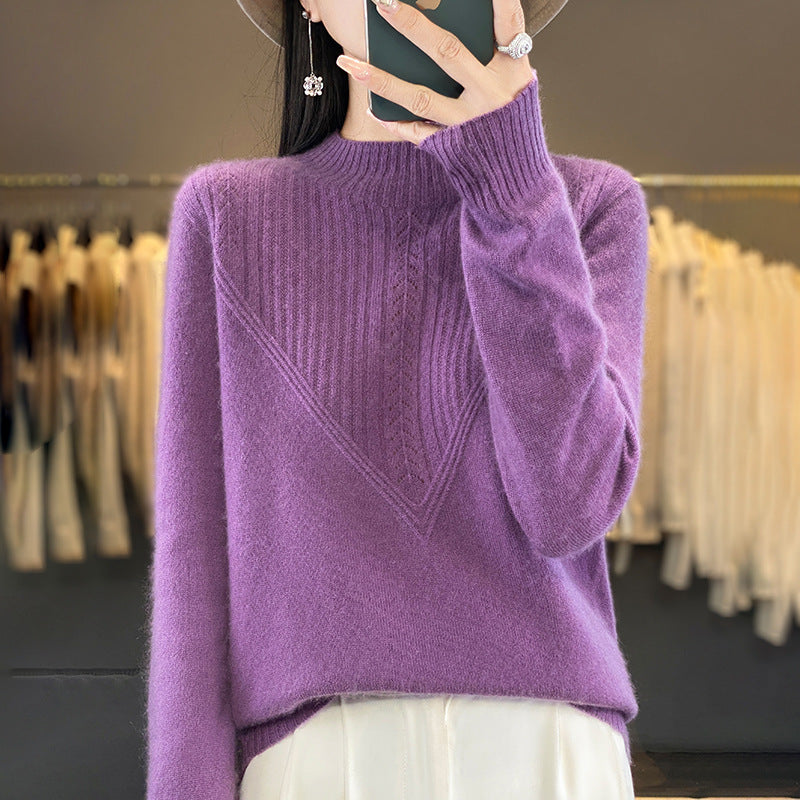 Damen Lockerer Mohair‑Blend Pullover mit strukturierter V‑Paneel und Stehkragen Drune
