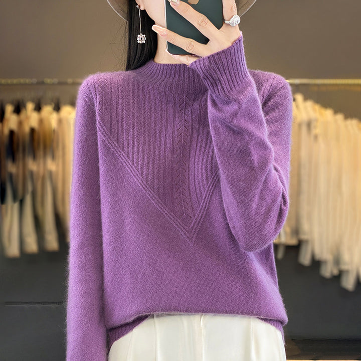 Damen Lockerer Mohair‑Blend Pullover mit strukturierter V‑Paneel und Stehkragen Drune