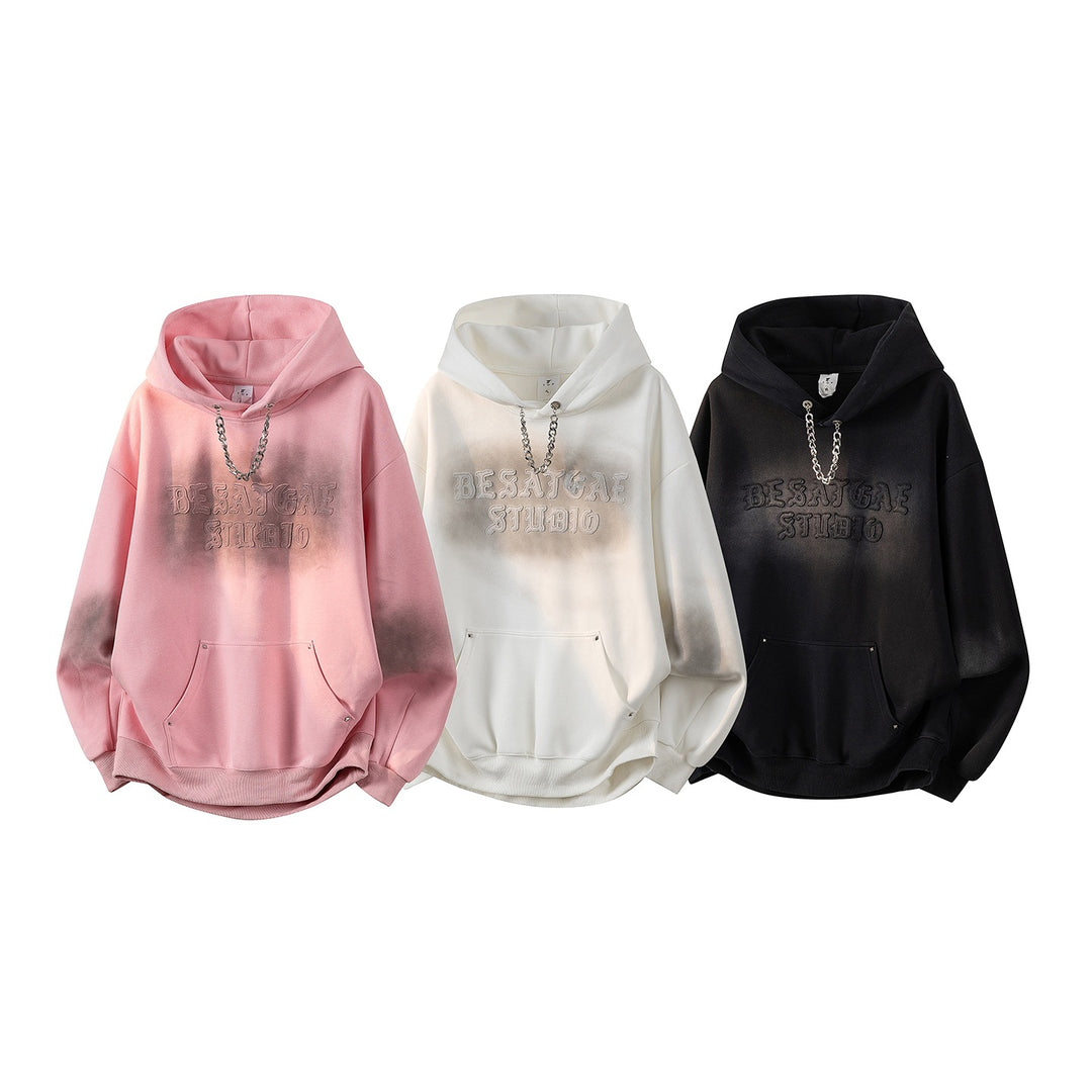 Unisex Oversize Kapuzenpullover mit handschriftlichem Grafik-Print, Kängurutasche & geripptem Saum Drune