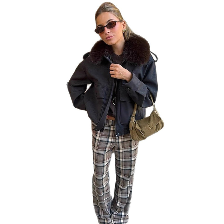 Damen Boxy-Kurzmantel mit voluminösem Fellkragen und Reißverschluss Drune