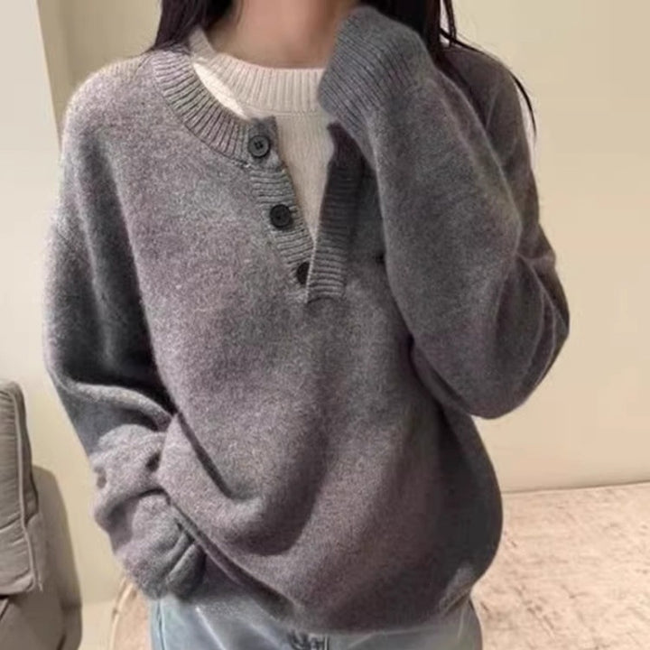 Damen Oversize-Henley-Pullover aus flauschigem Mohair‑Look mit Knopfleiste Drune