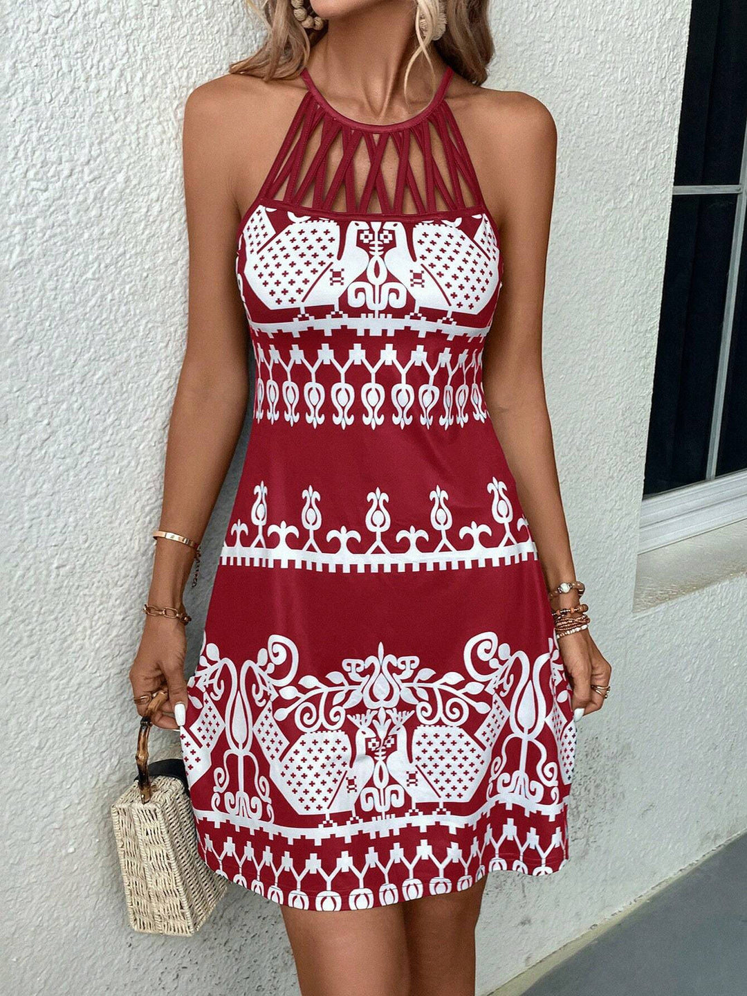 Damen Neckholder-Kleid mit ornamentalem Allover-Print und Ziergitter am Ausschnitt Drune