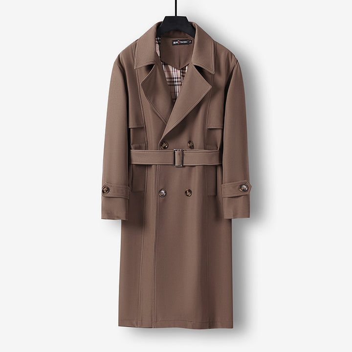 Herren Midilanger Doppelreihiger Trenchcoat mit Taillengürtel, abgefalcetem Revers und kariertem Innenfutter Drune