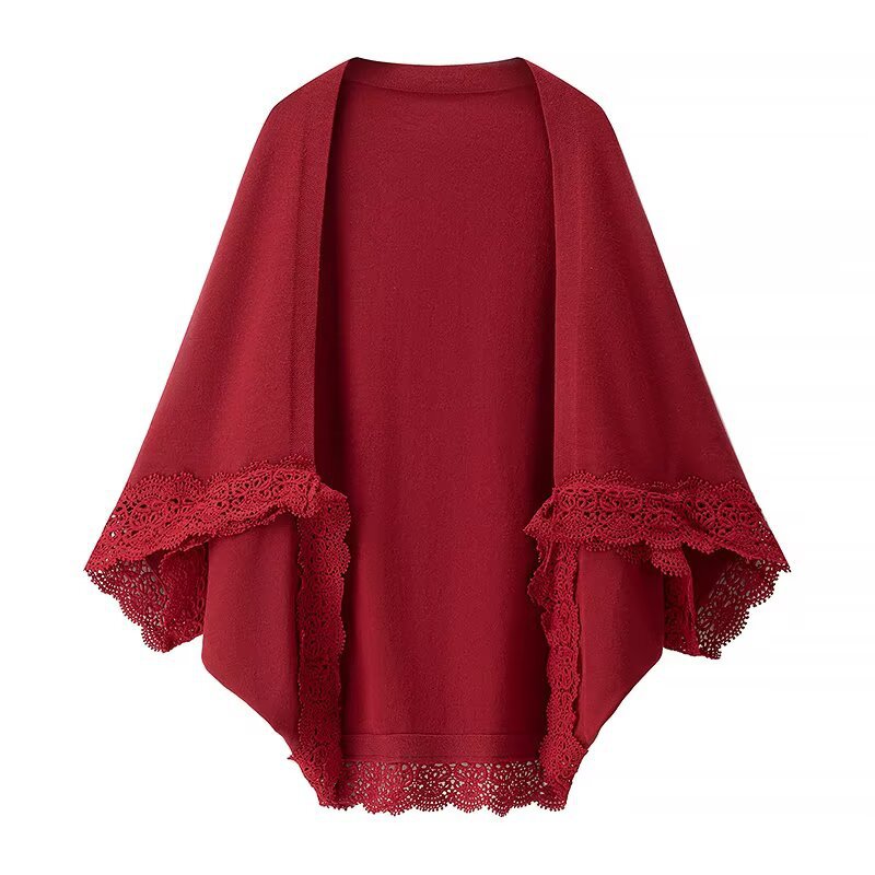 Damen feine Strickjacke mit luftigem Spitzenrand Drune