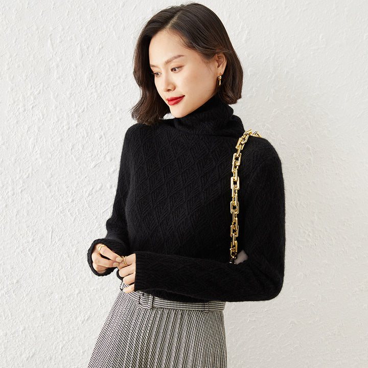 Damen Luxuriöser Mohair‑Mix Rollkragenpullover mit diamantgewDruneter Ajourstruktur Drune