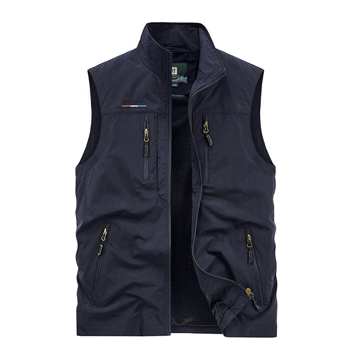 Herren nan multifunktionale Outdoorweste mit Mesh-Innenfutter, mehreren Reißverschlusstaschen und hohem Stehkragen Drune