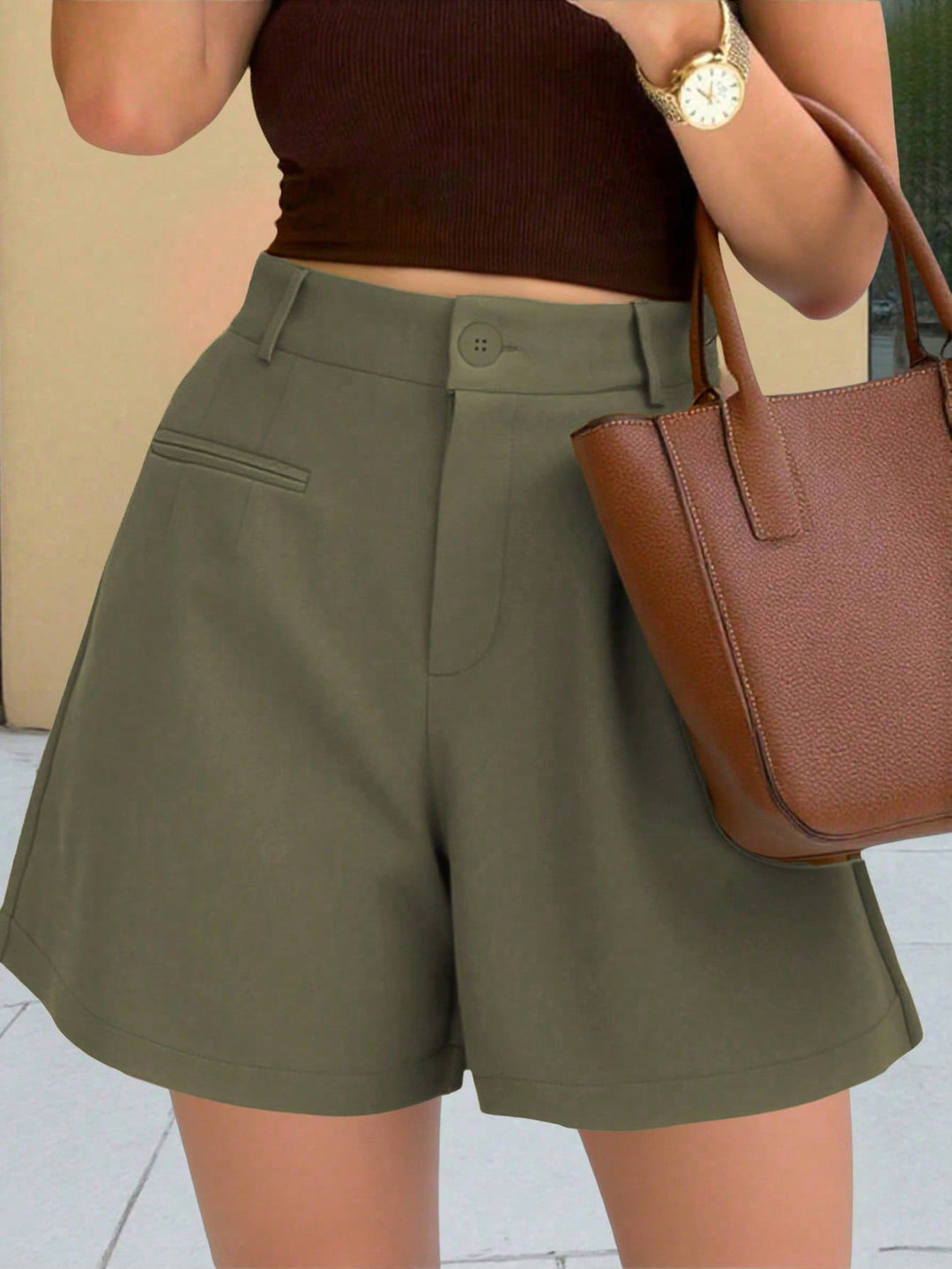 Damen Elegante High‑Waist Culotte‑Shorts mit Bundfalte und Paspeltaschen Drune