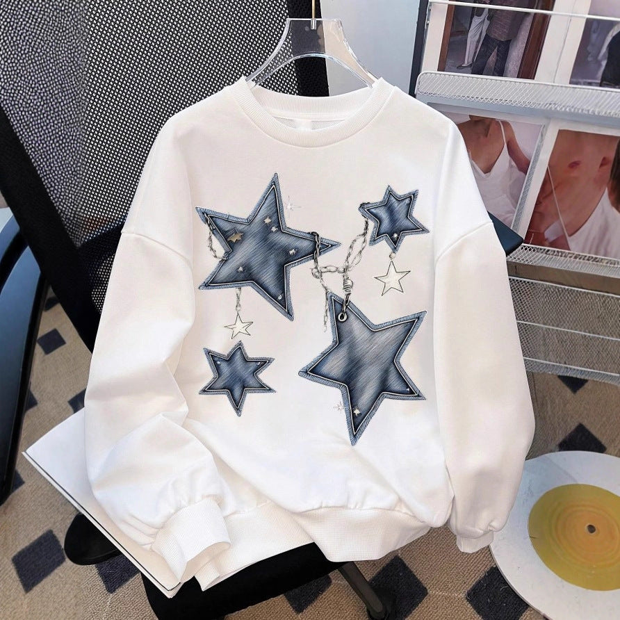 Damen nan lässiges Oversize-Sweatshirt mit gestickten Stern-Applikationen in Jeans-Optik und geripptem Saum Drune