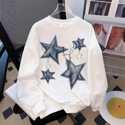 Damen nan lässiges Oversize-Sweatshirt mit gestickten Stern-Applikationen in Jeans-Optik und geripptem Saum Drune