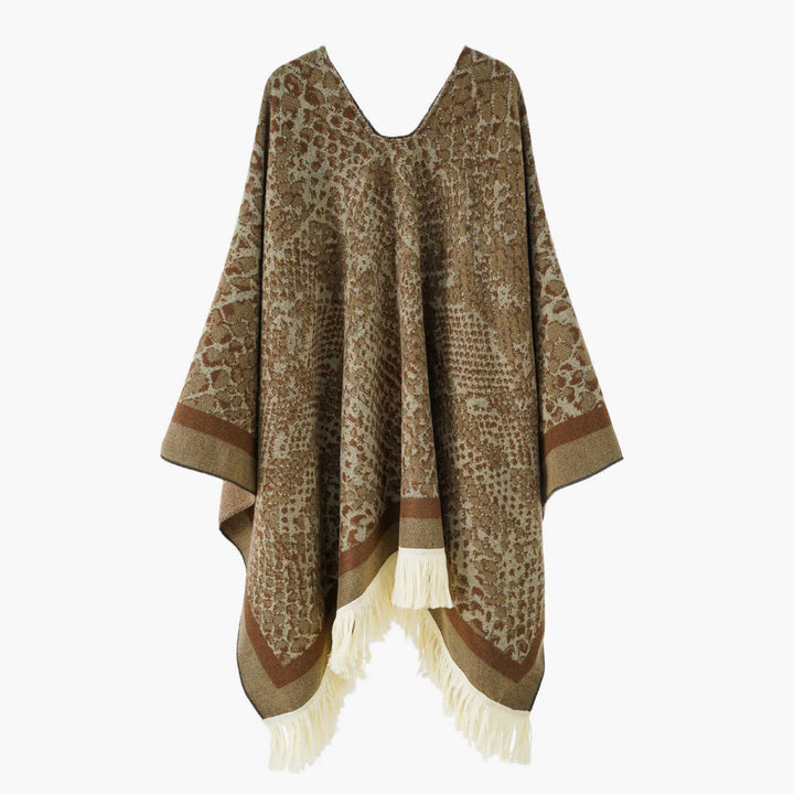 Damen Jacquard-Knitcape mit Leoparden‑Print, V‑Ausschnitt und Fransensaum Drune
